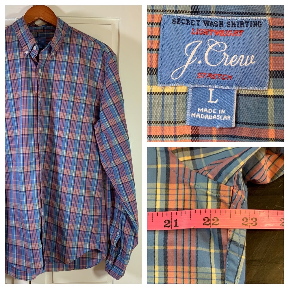 J. Crew Mens L Slim Secret Wash Lightweight Stretch Plaid‎ Button Down Shirt